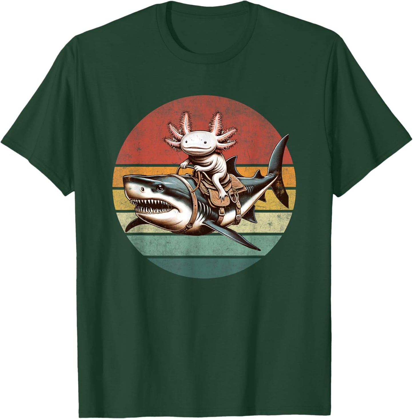 Vintage Axolotl Shark Rider Funny Retro Axolotl Riding Shark T-Shirt - T-Shirt | Forest