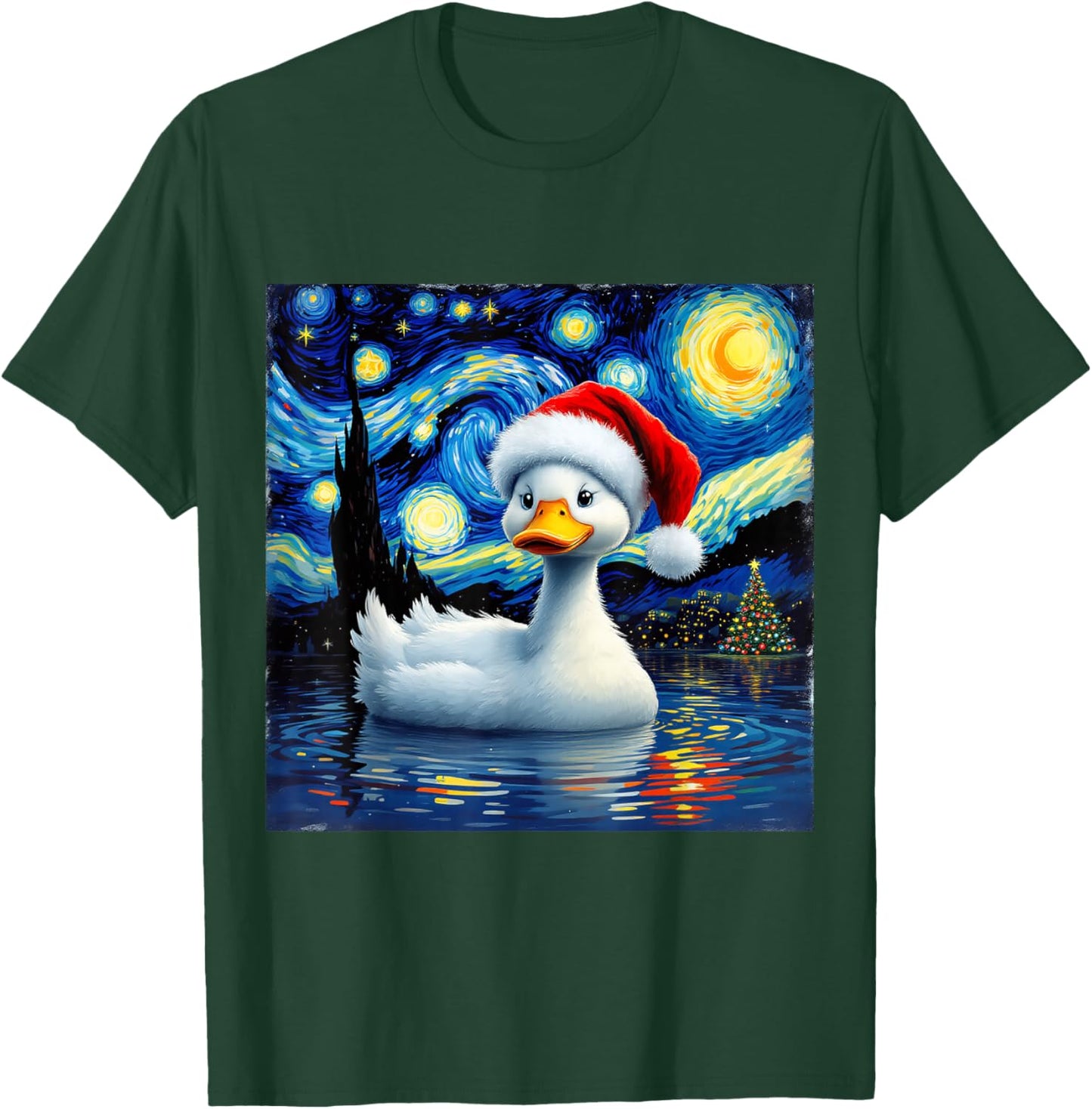 Christmas Duck Santa Hat Van Gogh Starry Night Holiday T-Shirt - T-Shirt | Forest
