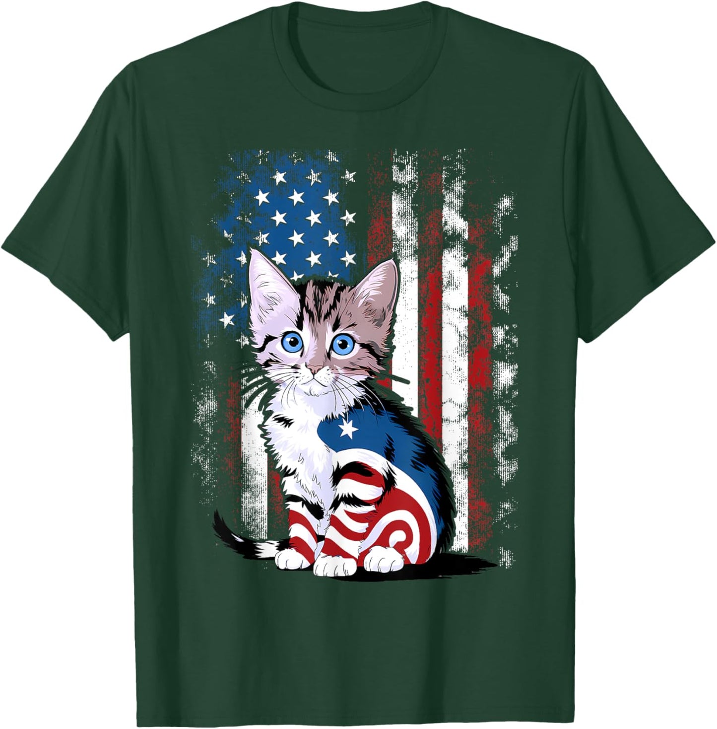 Memorial Day Cat Funny Kitten 4th of July Patriotic Usa Flag T-Shirt - T-Shirt | Forest