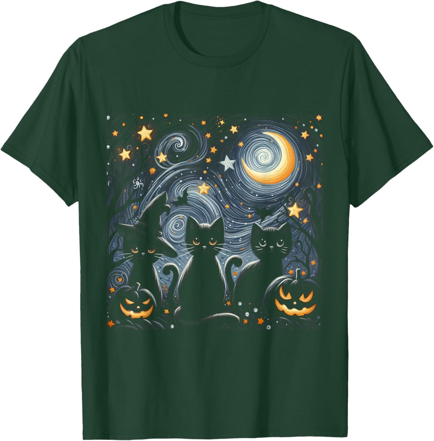 Van Gogh Halloween Starry Night with Black Cat and Pumpkins T-Shirt - T-Shirt | Forest