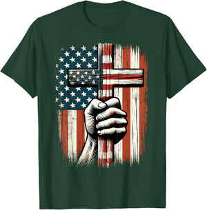 American USA Flag Christian Cross Jesus 4th of July T-Shirt - T-Shirt | Forest