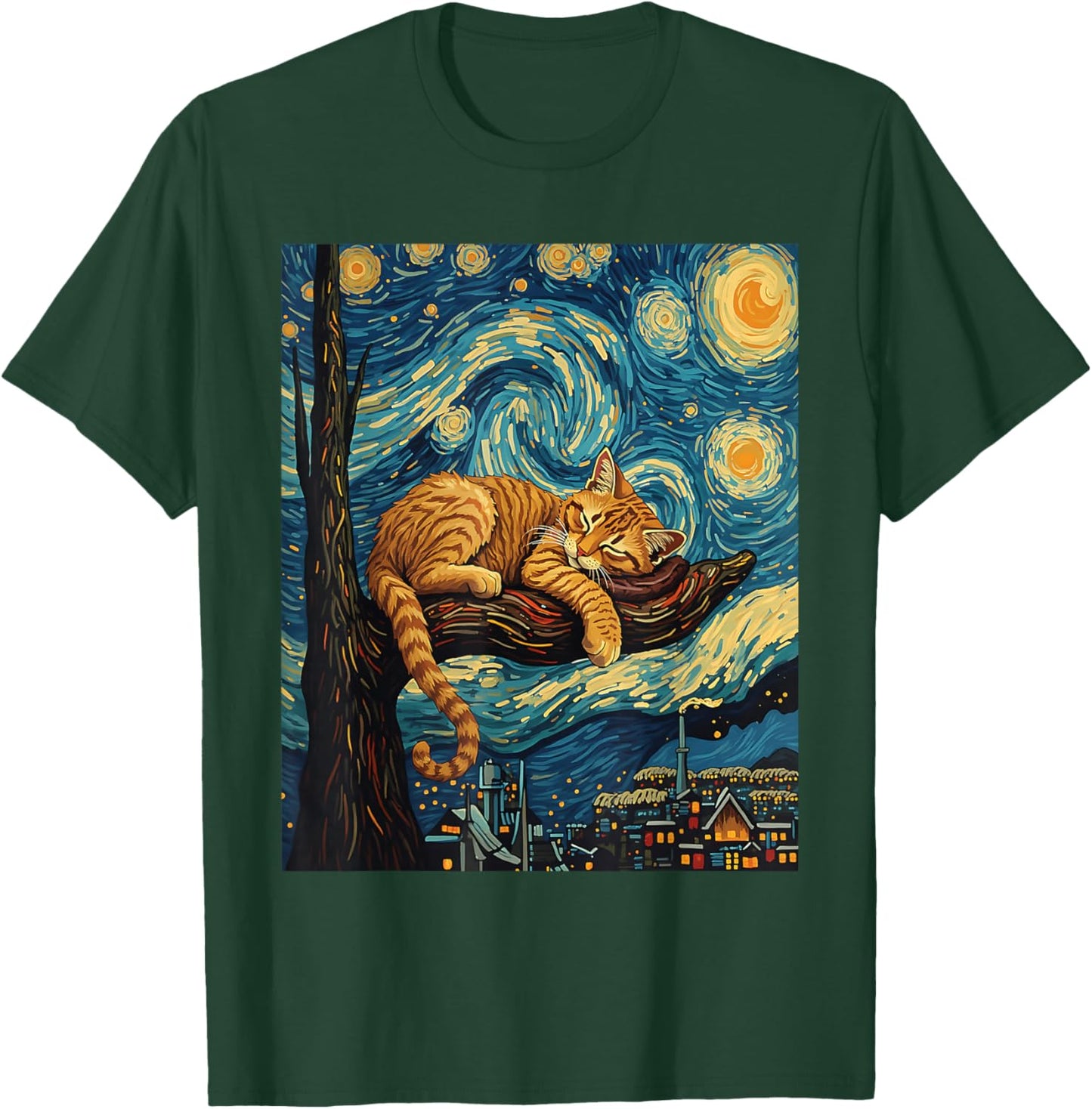 Serene ginger cat on tree branch Van Gogh Starry Night T-Shirt - T-Shirt | Forest