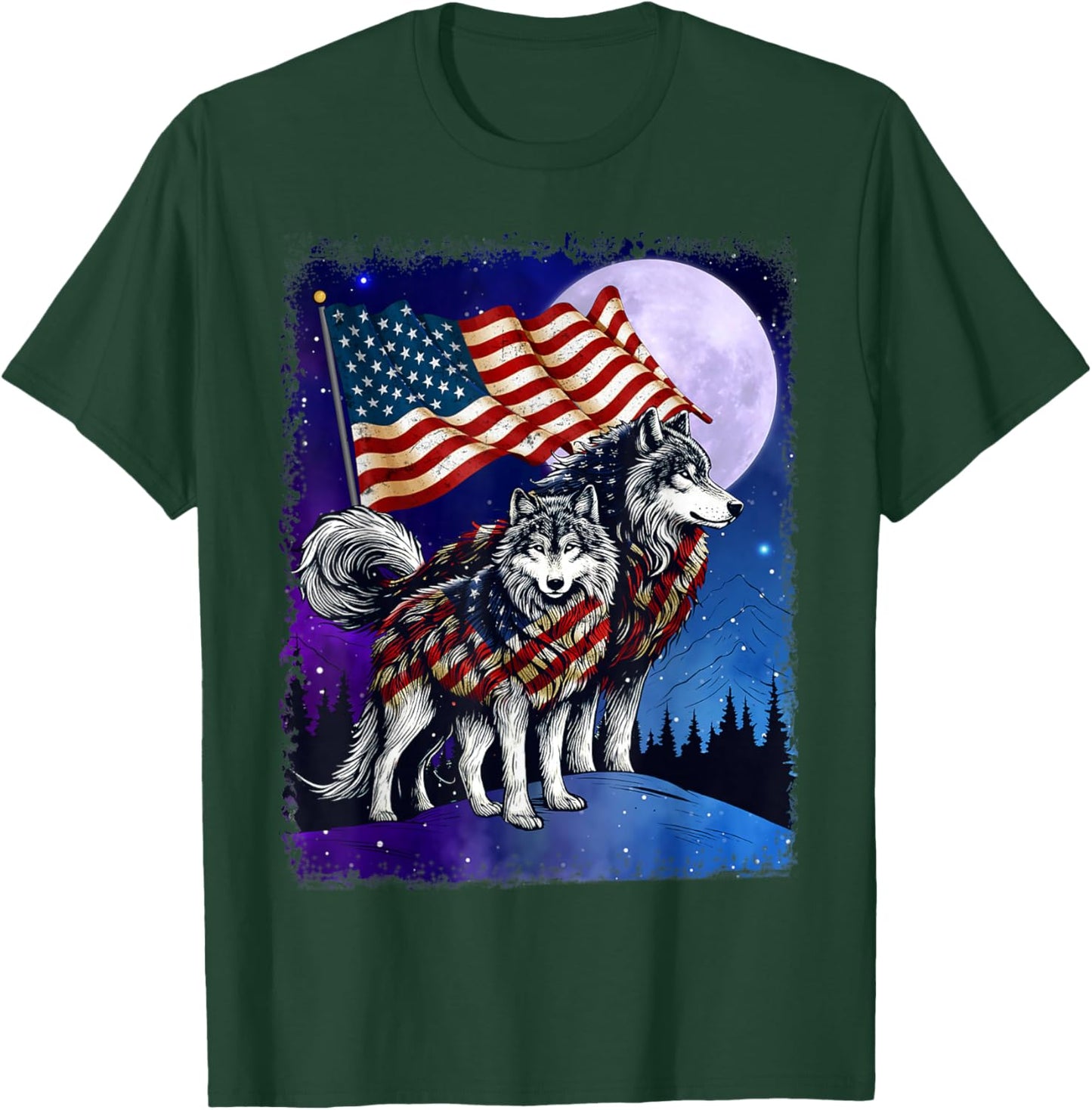 Wolf 4th of July American Flag Howling Wolves Under Moon Women Men T-Shirt - T-Shirt | Forest