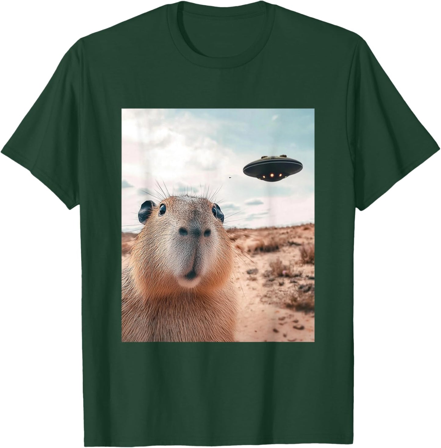 Capybara Selfie with UFOs Funny Graphic T-Shirt - T-Shirt | Forest