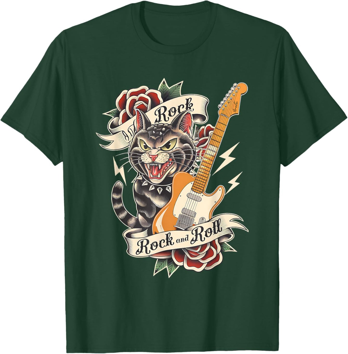 Rock and Roll Guitar Vintage Classic Tattoo Style Rock Cat T-Shirt - T-Shirt | Forest