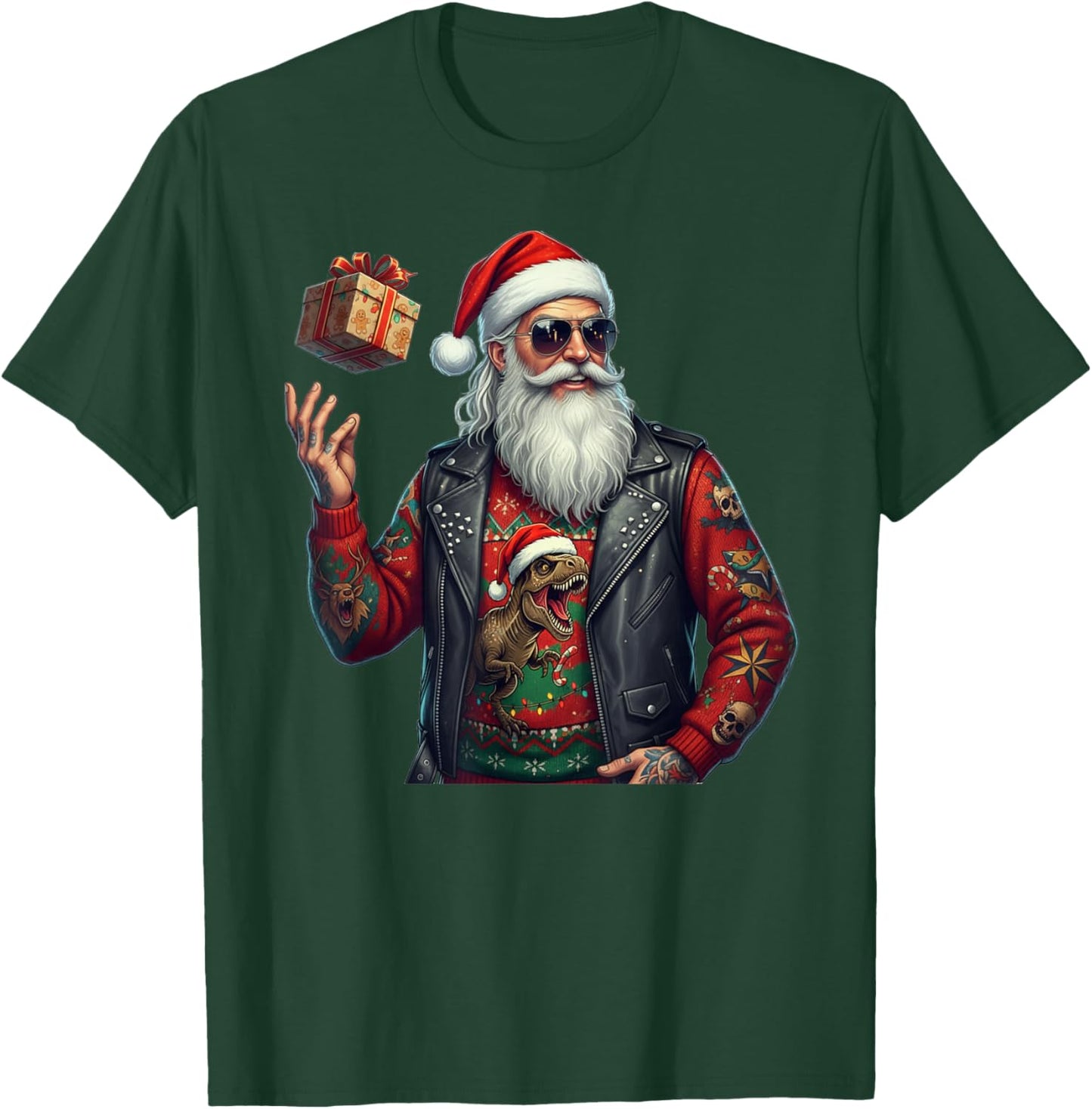 Cool Santa with Christmas Jumper T-Rex Funny Festive Pattern T-Shirt - T-Shirt | Forest