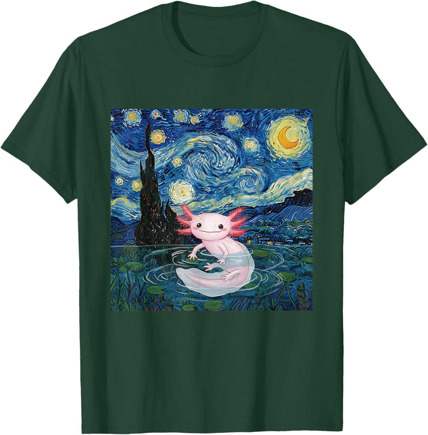 Playful Axolotl Kawaii Van Gogh Style Starry Night Graphic T-Shirt - T-Shirt | Forest