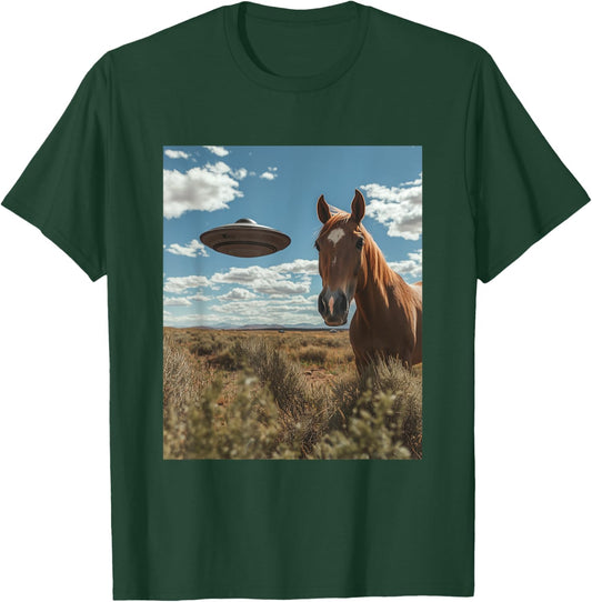Horse Selfie with UFOs Aliens Funny Graphic T-Shirt - T-Shirt | Forest