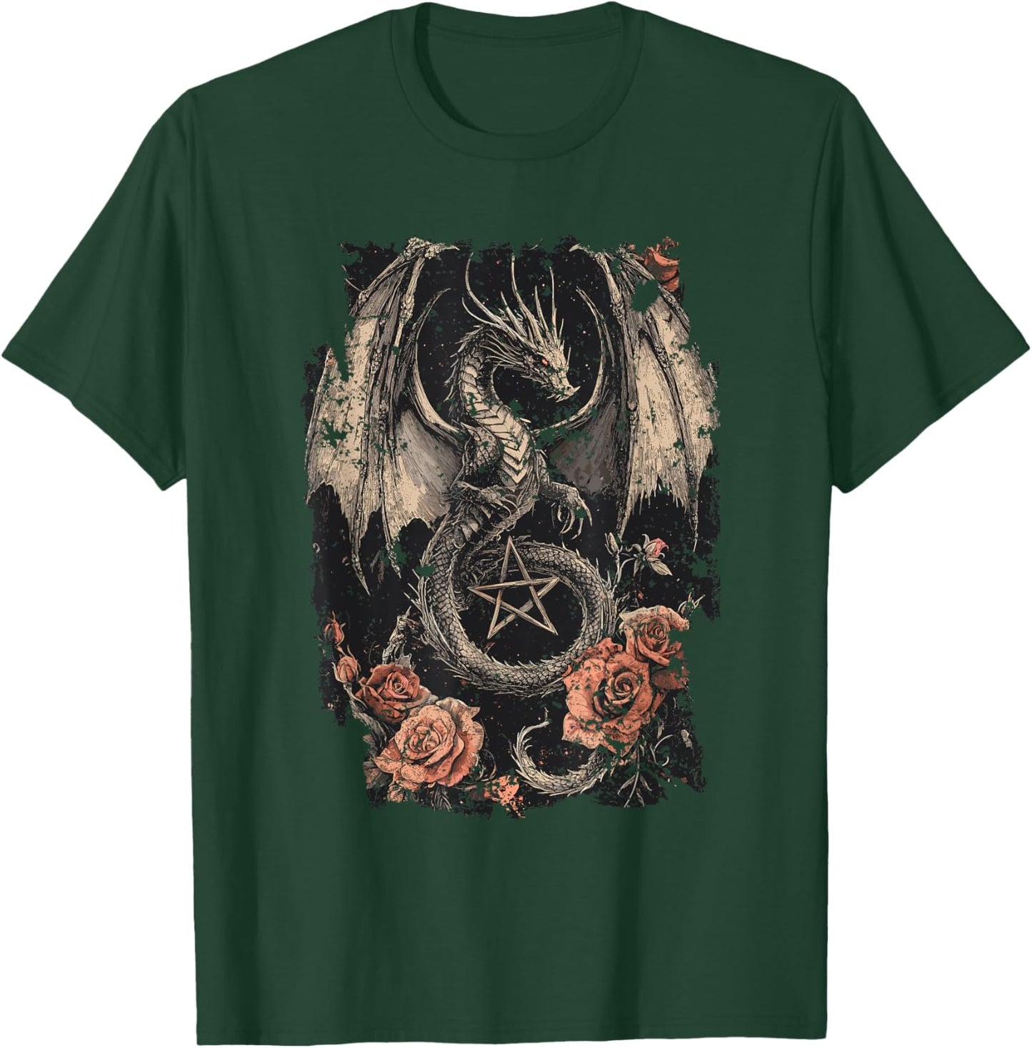 Dragon with Pentagram and Roses - Gothic Dragon T-Shirt - T-Shirt | Forest