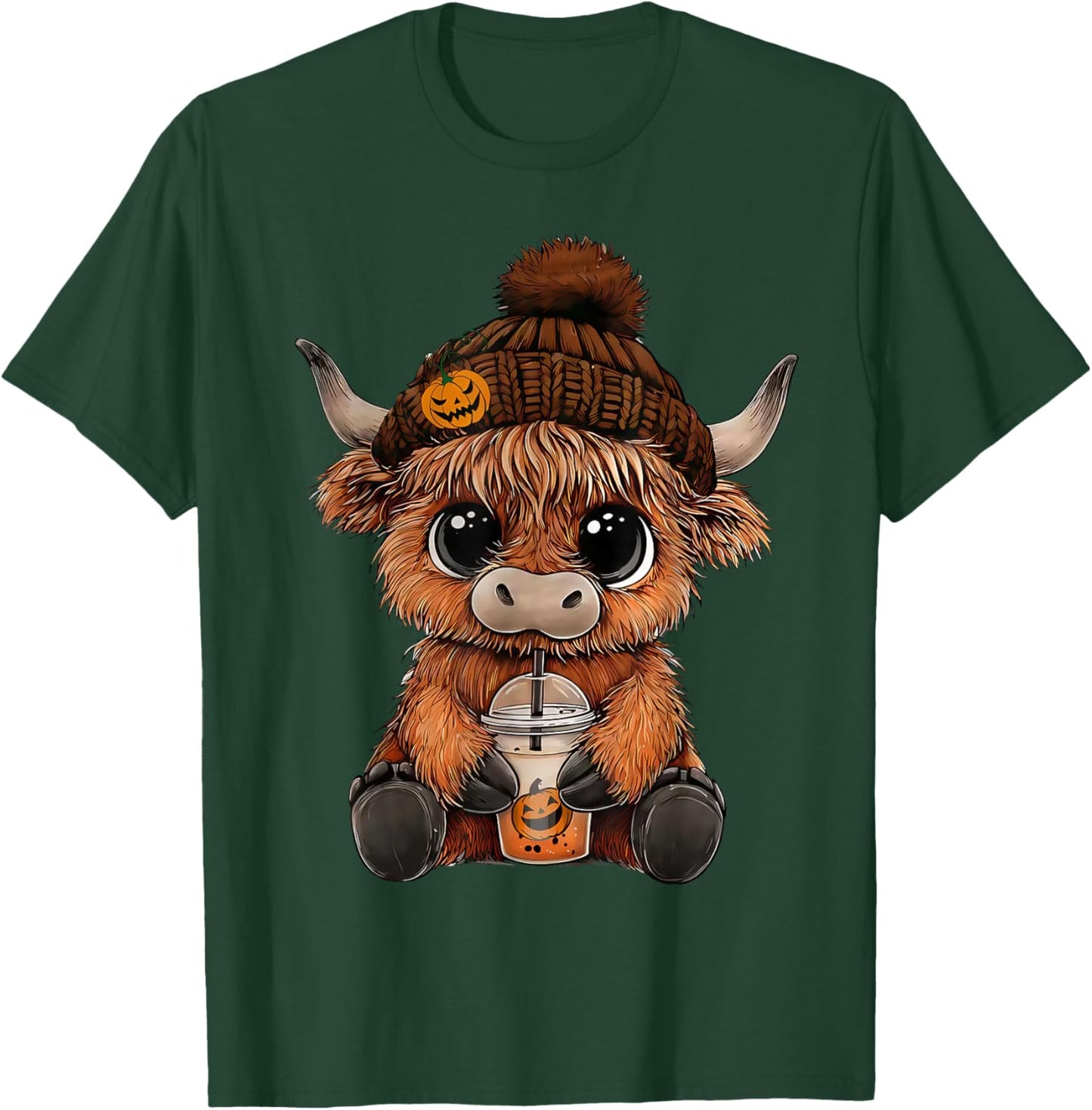 Cute Highland Cow Hat Pumpkin Drink Coffee Lover Halloween T-Shirt - T-Shirt | Forest