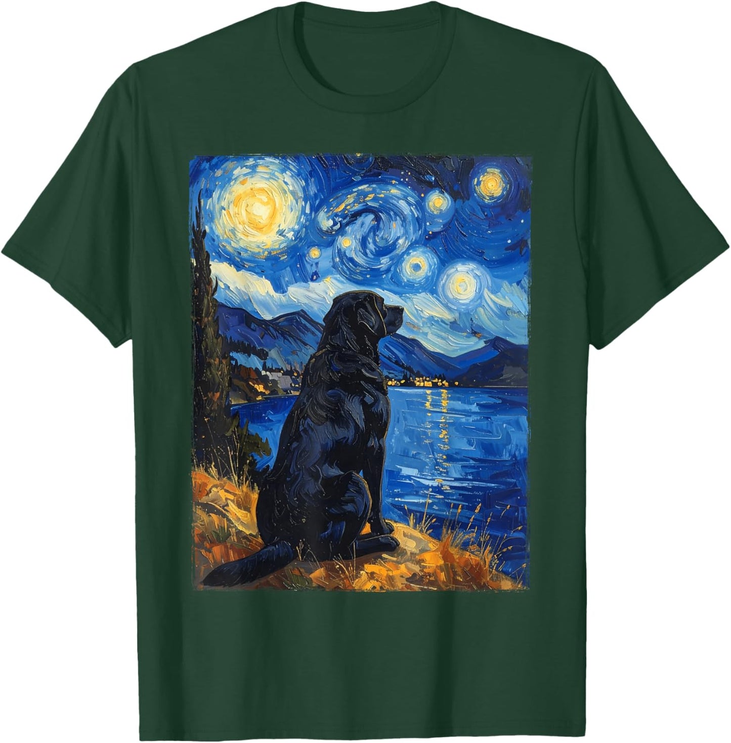 Van Gogh Starry Night Painting Black Retriever Dog T-Shirt - T-Shirt | Forest