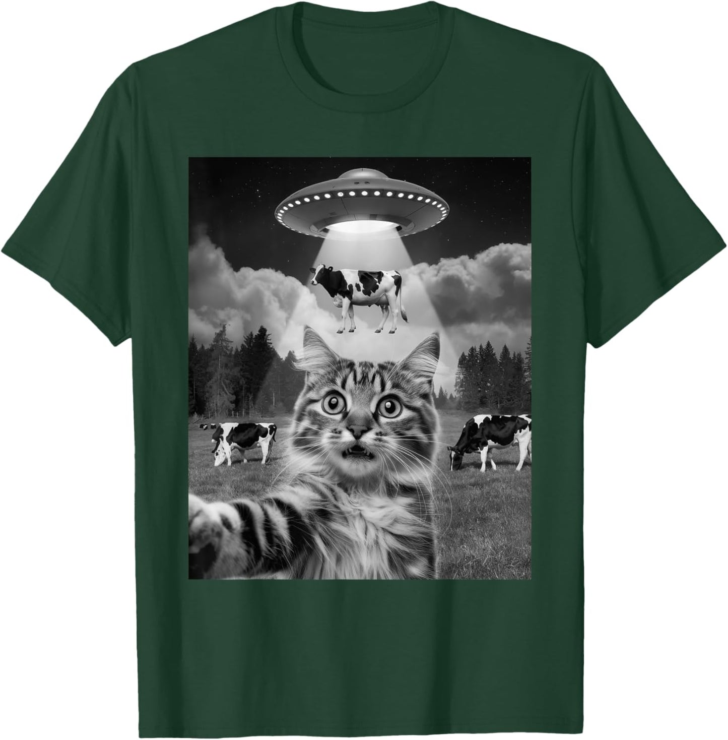 Cat Selfie Flying Alien UFO Cow Lover Men Women Kids T-Shirt - T-Shirt | Forest