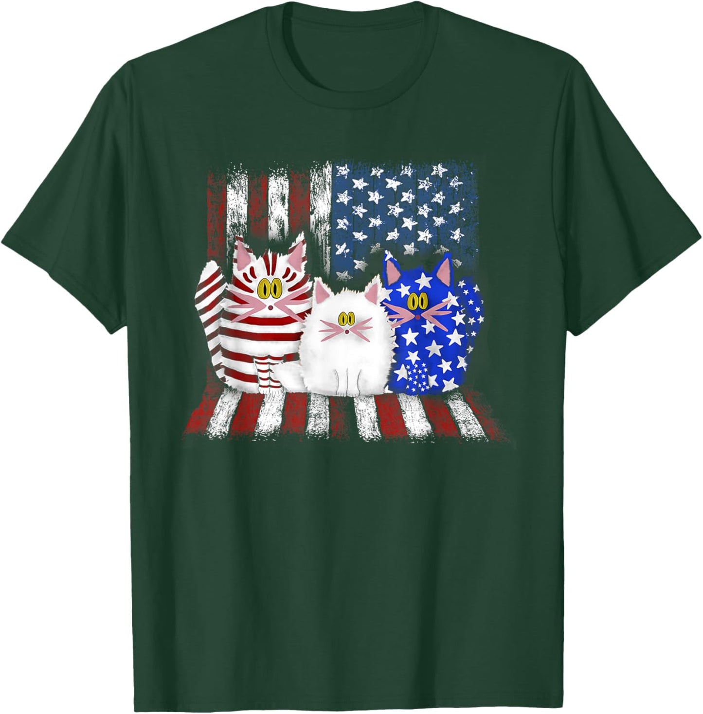 Three Cats American Flag - Blue - Cat - White - Cat - Red T-Shirt - T-Shirt | Forest