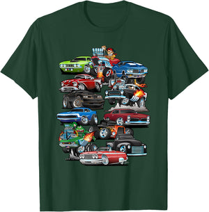 Car Madness! Muscle Cars, Classic Cars and Hotrods Cartoon T-Shirt - T-Shirt | Forest