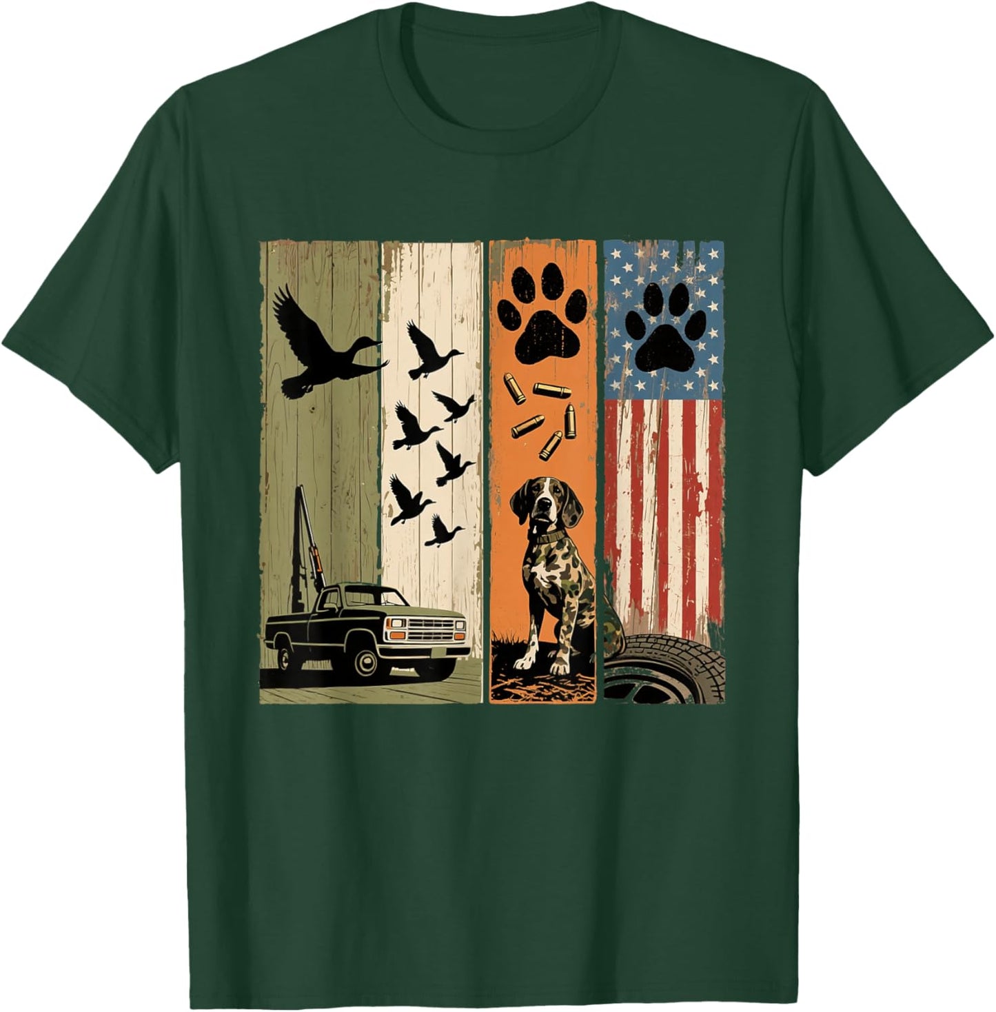 Vintage Hunting Dog Patriotic USA Flag Duck Hunter Men Boys T-Shirt - T-Shirt | Forest