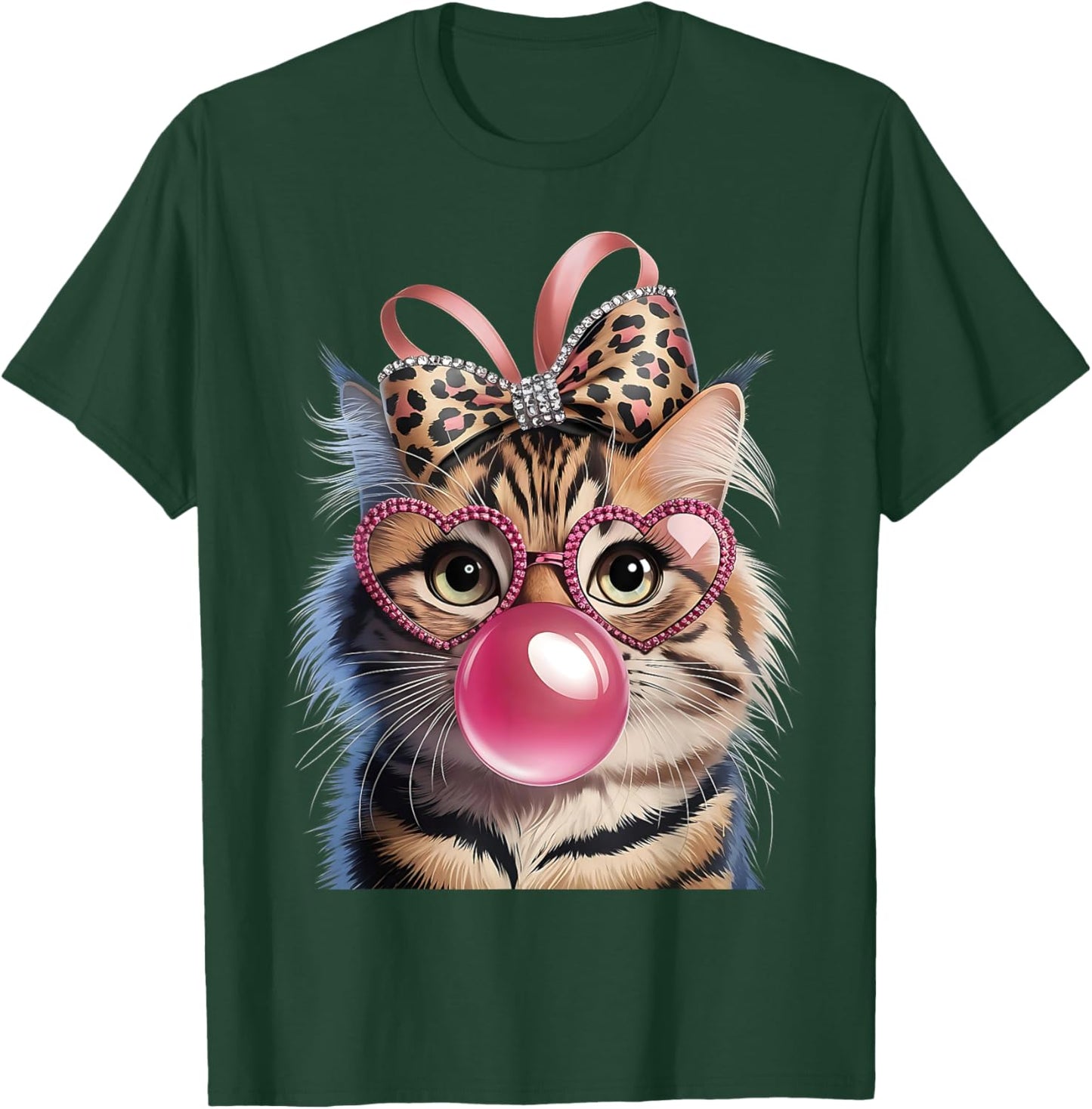 Cute Funny Leopard Bow Pink Glasses Cat Bubble Gum Girls T-Shirt - T-Shirt | Forest