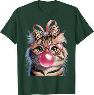 Cute Funny Leopard Bow Pink Glasses Cat Bubble Gum Girls T-Shirt - T-Shirt | Forest