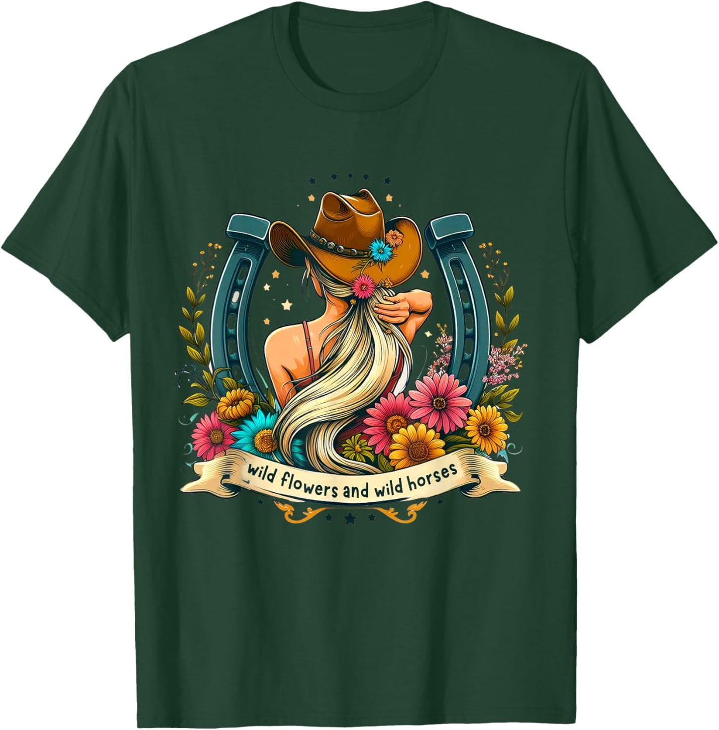 Retro Southern Sunset Cowgirl Wild Flowers - Wild Horses T-Shirt - T-Shirt | Forest