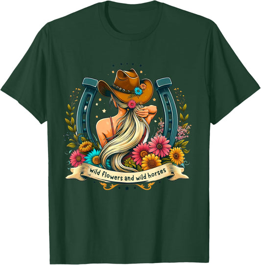 Retro Southern Sunset Cowgirl Wild Flowers - Wild Horses T-Shirt - T-Shirt | Forest