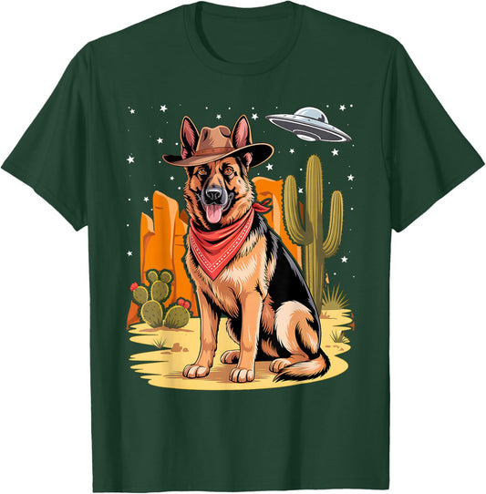 Western German Shepherd UFO Dog Alien Cowboy GSD Ranch T-Shirt - T-Shirt | Forest