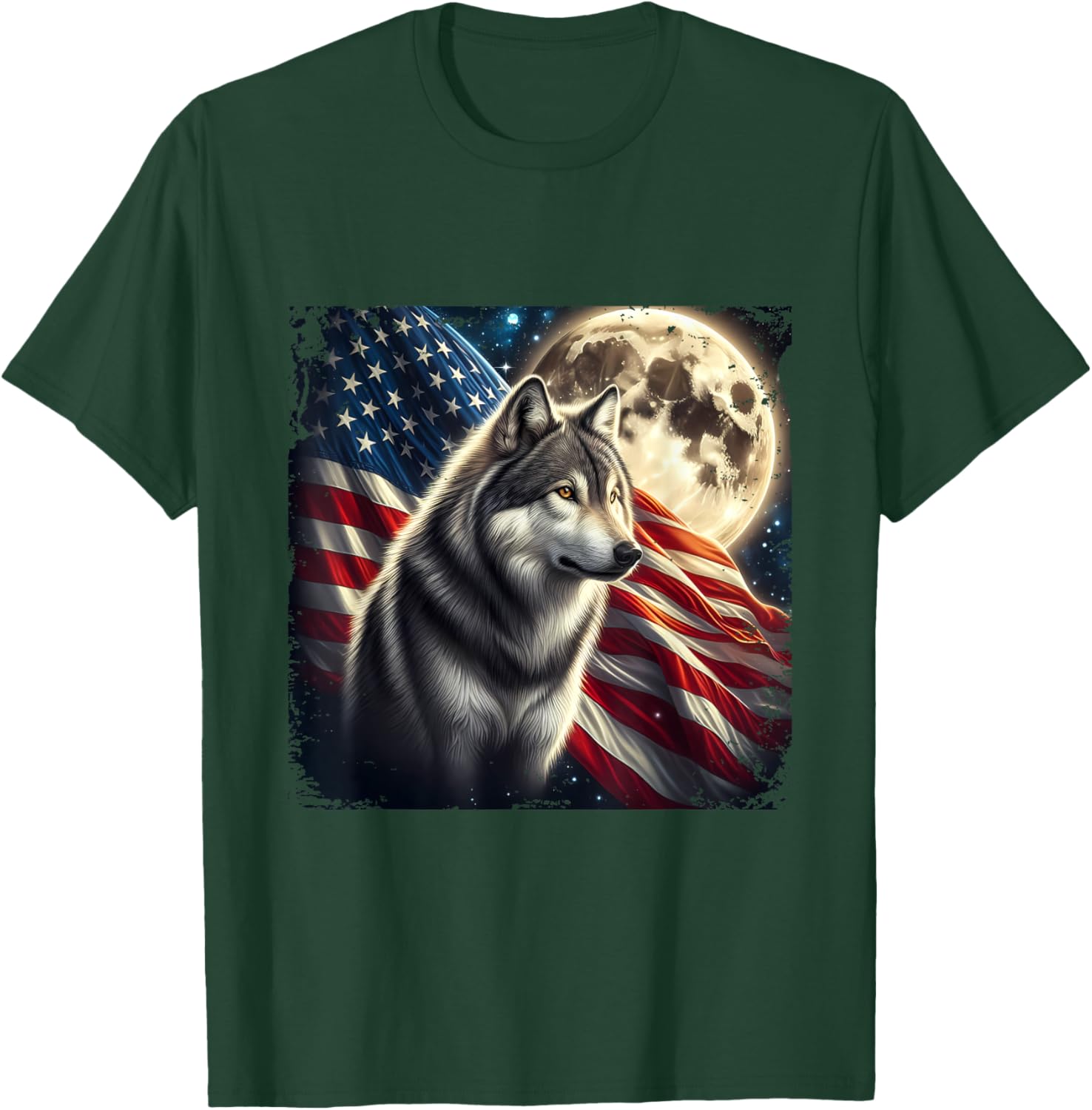 Wolf 4th of July American Flag Alpha Wolf Under Moon T-Shirt - T-Shirt | Forest