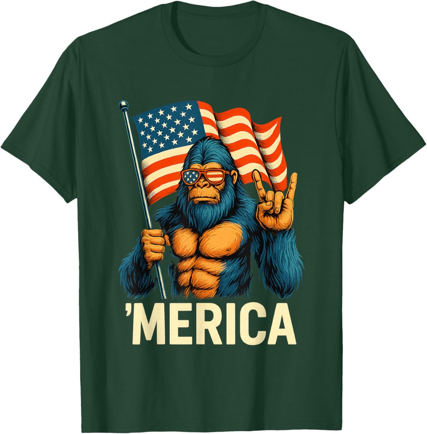 Bigfoot Merica Rock American Flag Patriotic 4th of July T-Shirt - T-Shirt | Forest