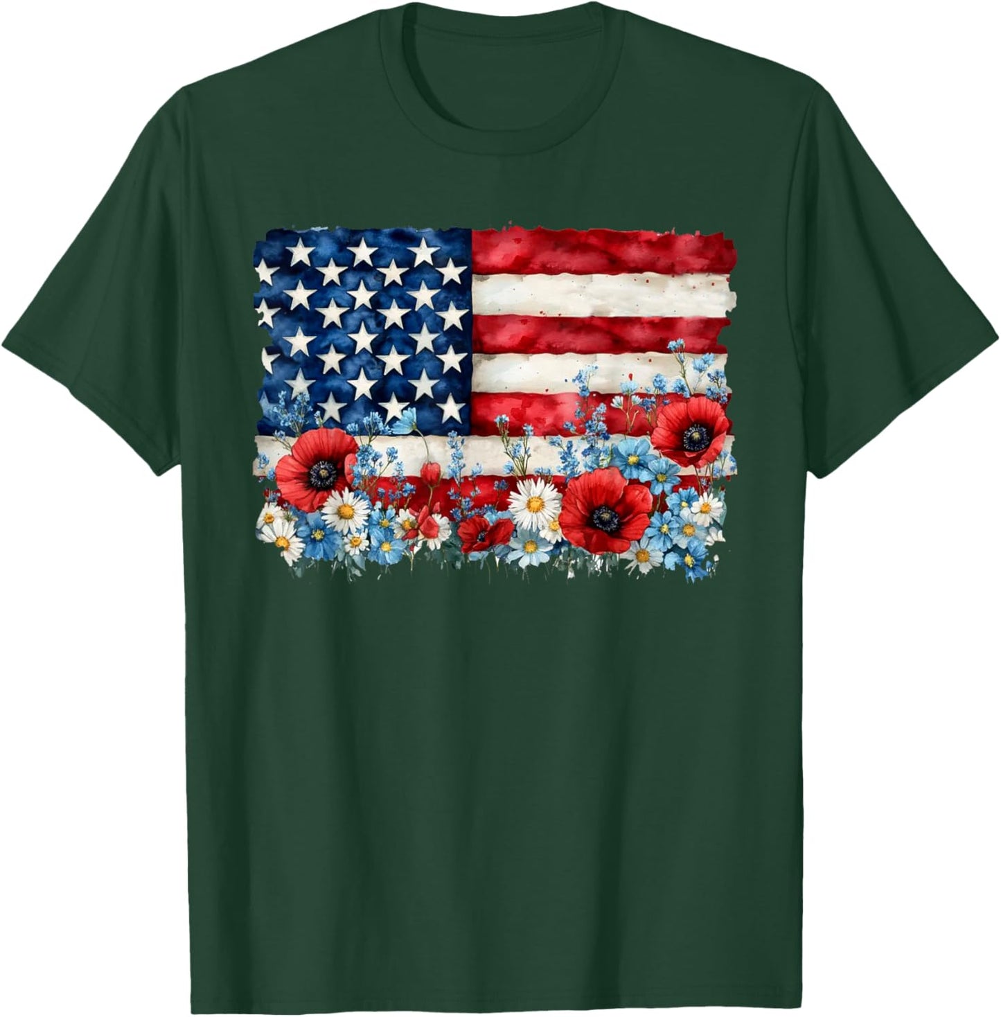 Retro Flower American Flag Women 4th Of July Patriotic T-Shirt - T-Shirt | Forest