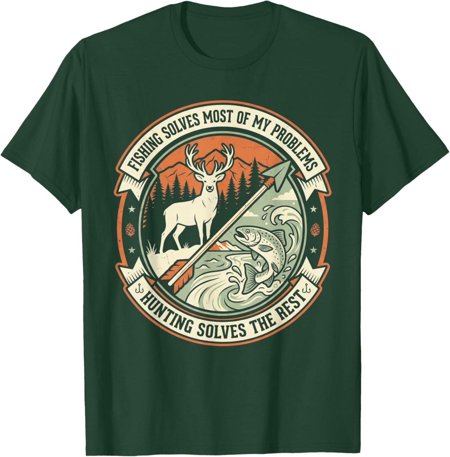 Funny Hunting Fishing Deer Buck Trout Vintage Outdoor Hobby T-Shirt - T-Shirt | Forest