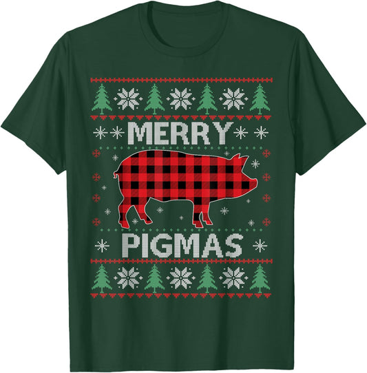 Merry Pigmas Pig Red Plaid Ugly Sweater Xmas Funny T-Shirt - T-Shirt | Forest