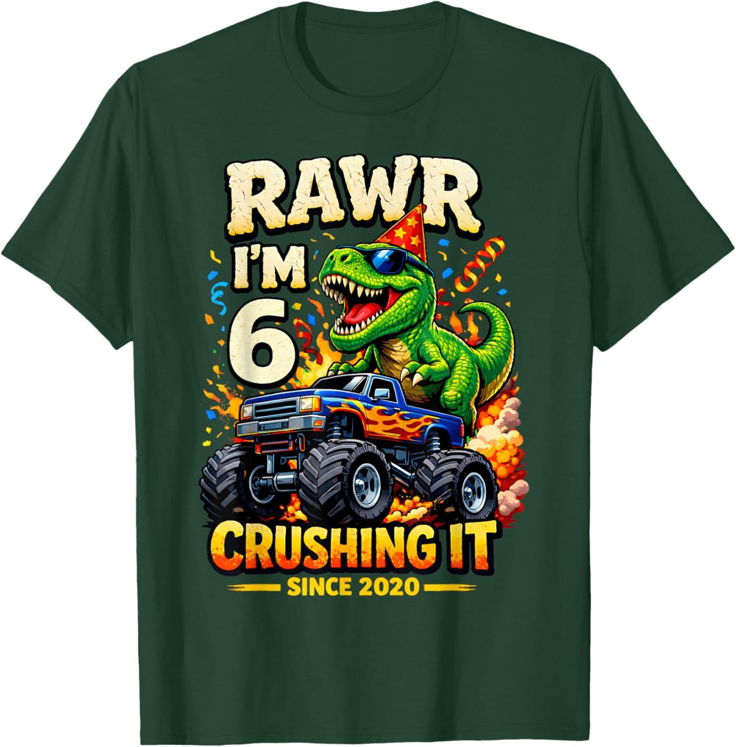6th Birthday Monster Truck Dinosaur 6 Years Old Birthday Boy T-Shirt - T-Shirt | Forest