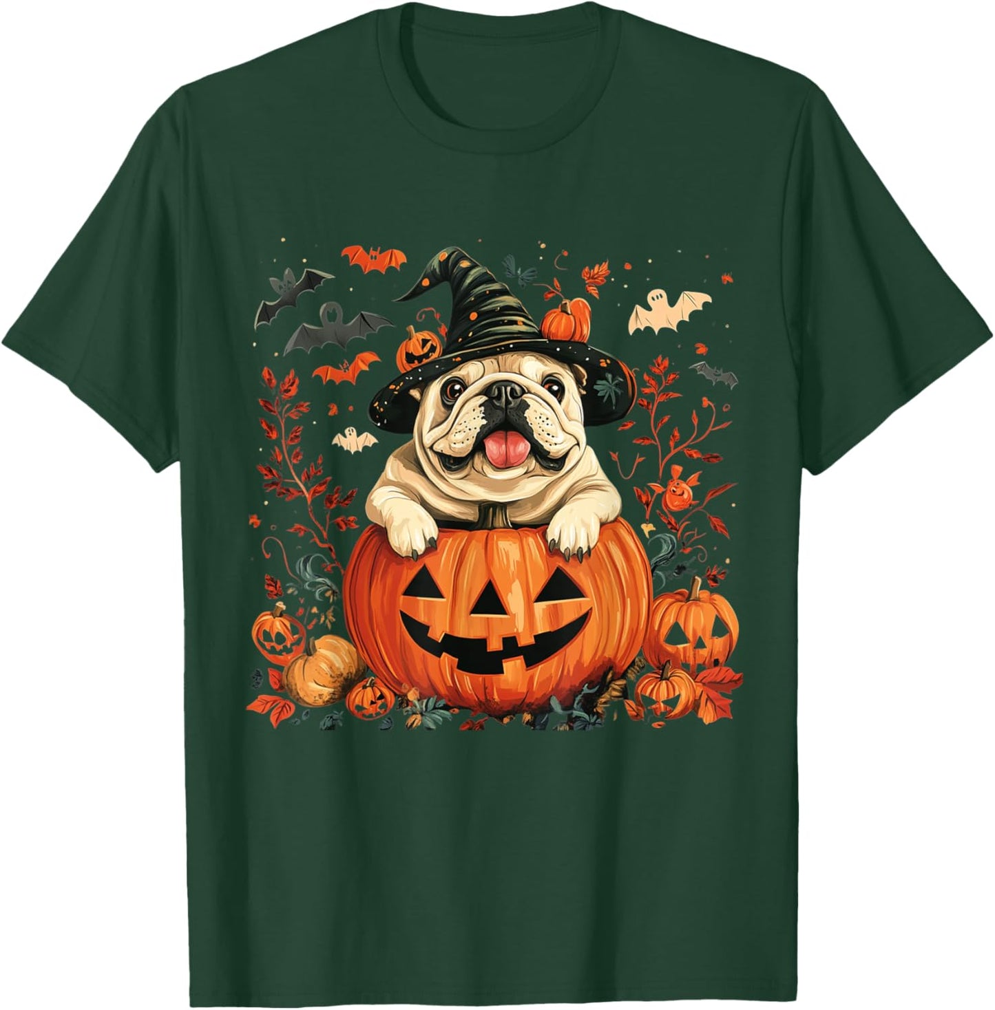 English Bulldog Pumpkin Halloween Thanksgiving Men Women Dog T-Shirt - T-Shirt | Forest