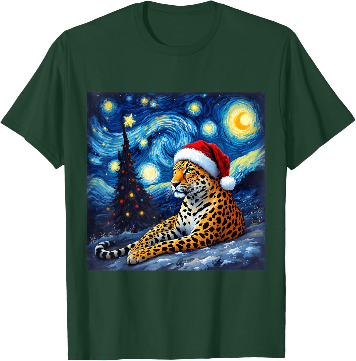 Christmas Leopard Santa Hat Van Gogh Starry Night Holiday T-Shirt - T-Shirt | Forest