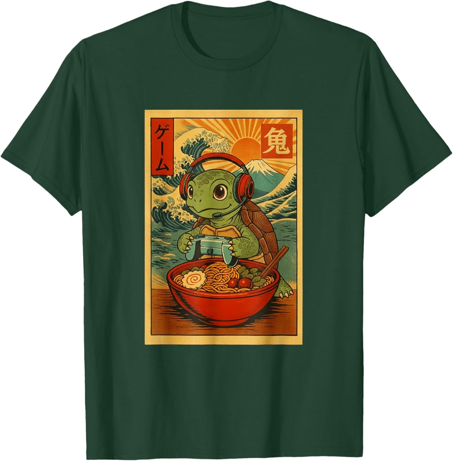 Turtle Gamer Ramen Japanese Ukiyo-e Mount Fuji T-Shirt - T-Shirt | Forest