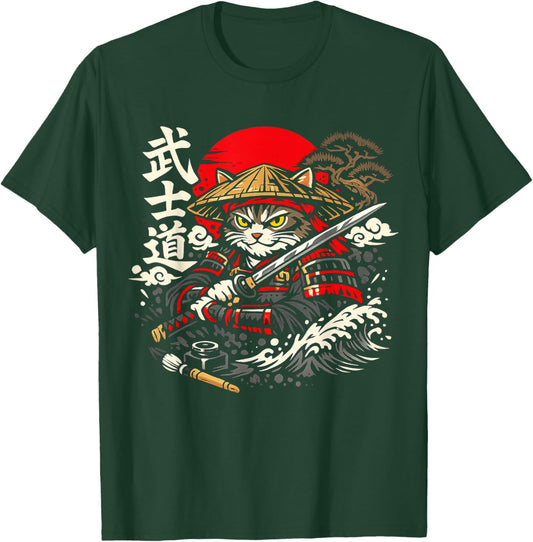 Chat samouraï avec Katana sous Le Soleil Style Bushido T-Shirt - T-Shirt | Forest