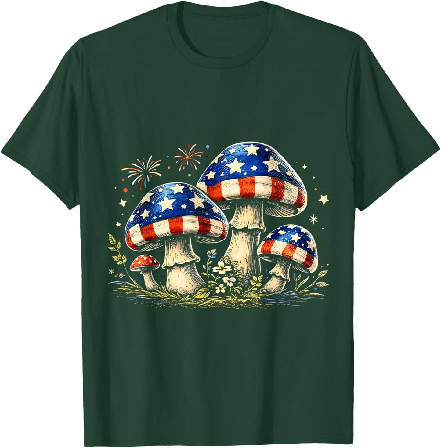 Fourth of July Patriotic American Flag Mushrooms T-Shirt - T-Shirt | Forest
