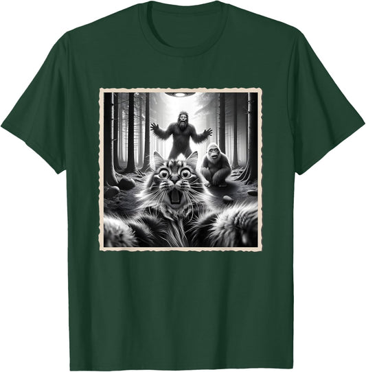 Cat Selfie With Bigfoot; Funny Sasquatch & Cat T-Shirt - T-Shirt | Forest