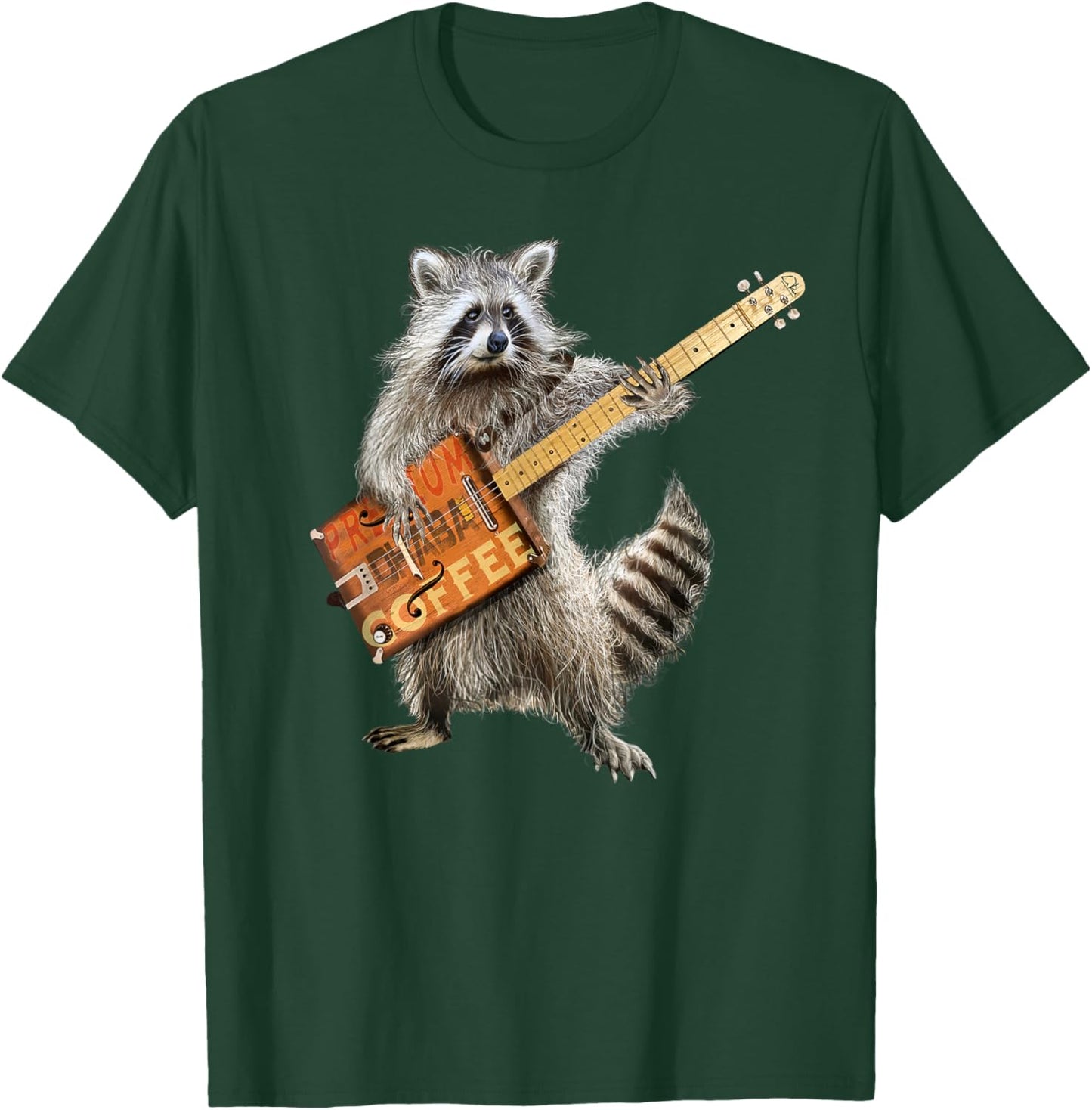 Raccoon Cute Funny Coffee Guitar Player Guitarist Animal Art T-Shirt - T-Shirt | Forest