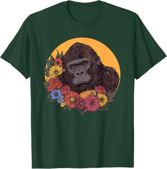 Gorilla With Flowers Illustration T-Shirt - T-Shirt | Forest