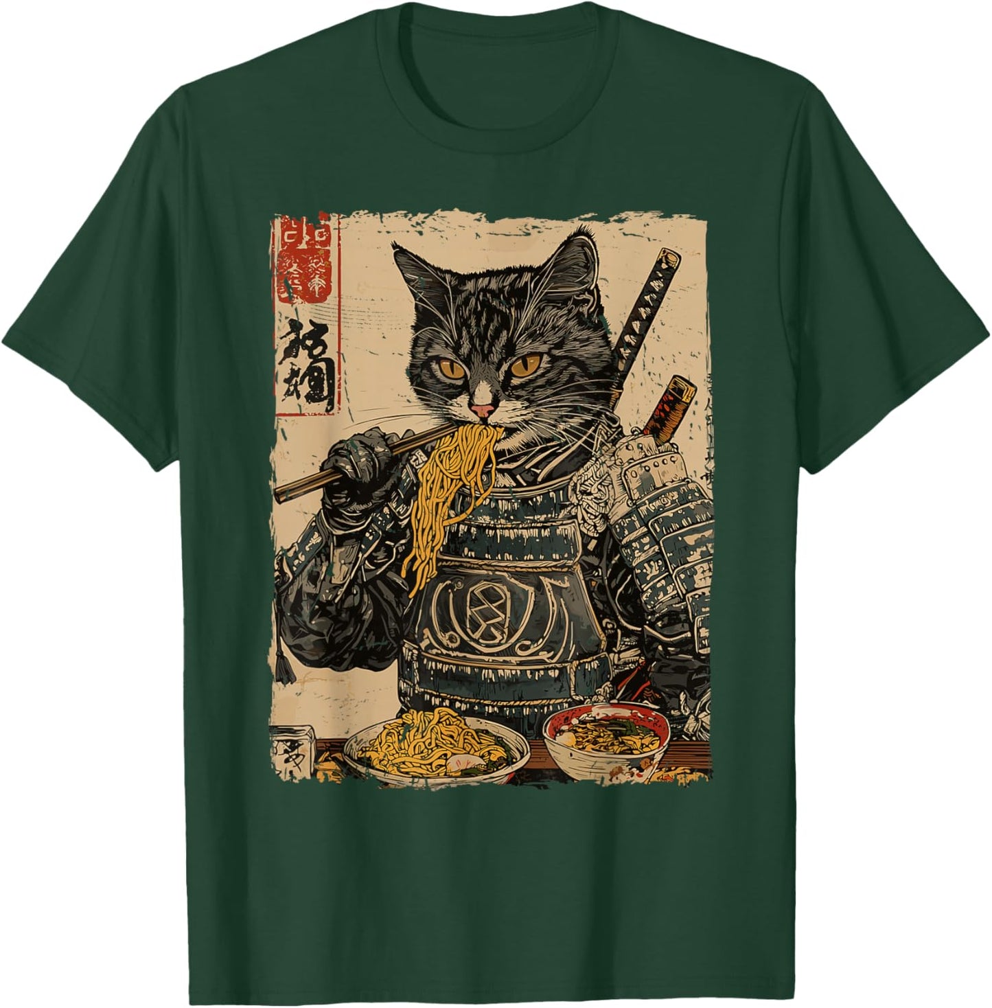 Samurai Cat Loves Ramen Funny Anime Japanese Artwork Samurai T-Shirt - T-Shirt | Forest