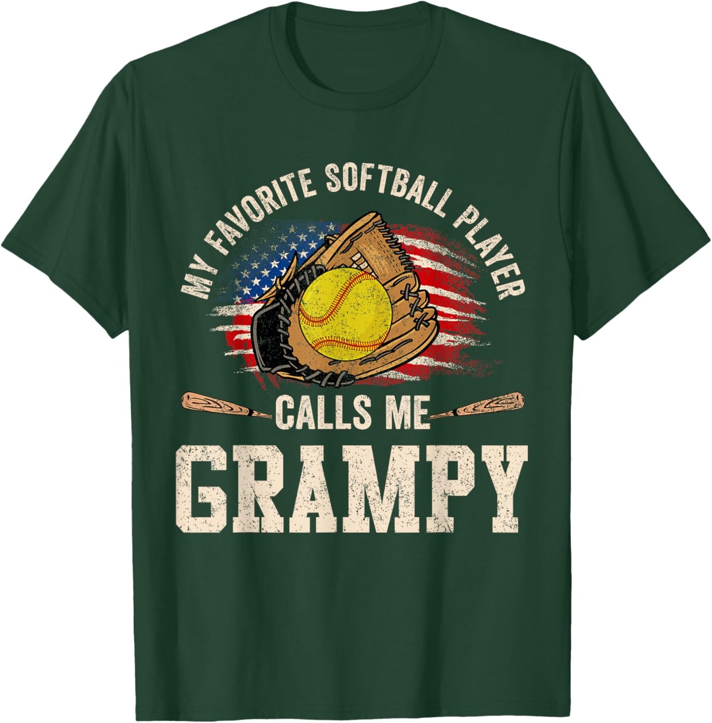My Favorite Softball Player Calls Me Grampy USA Flag T-Shirt - T-Shirt | Forest