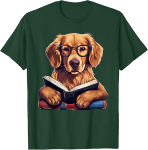 Cute Dog Golden Retriever Reading Book Men Women Girls Kids T-Shirt - T-Shirt | Forest