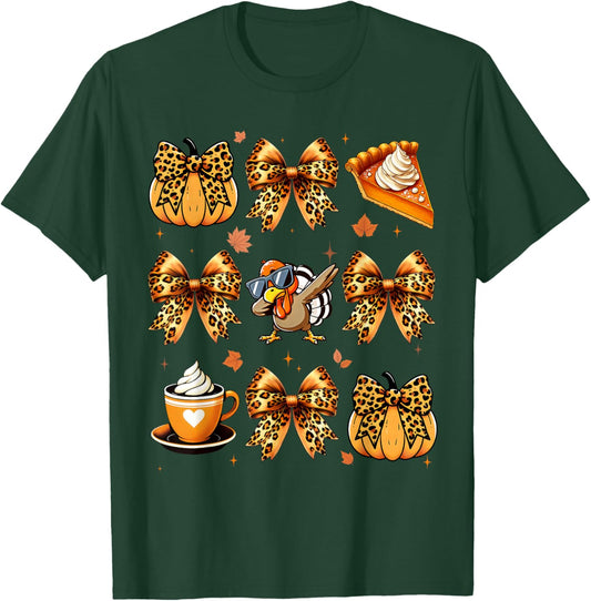 Retro Cute Coquette Bows Turkey Pumpkin Pie Thanksgiving T-Shirt - T-Shirt | Forest