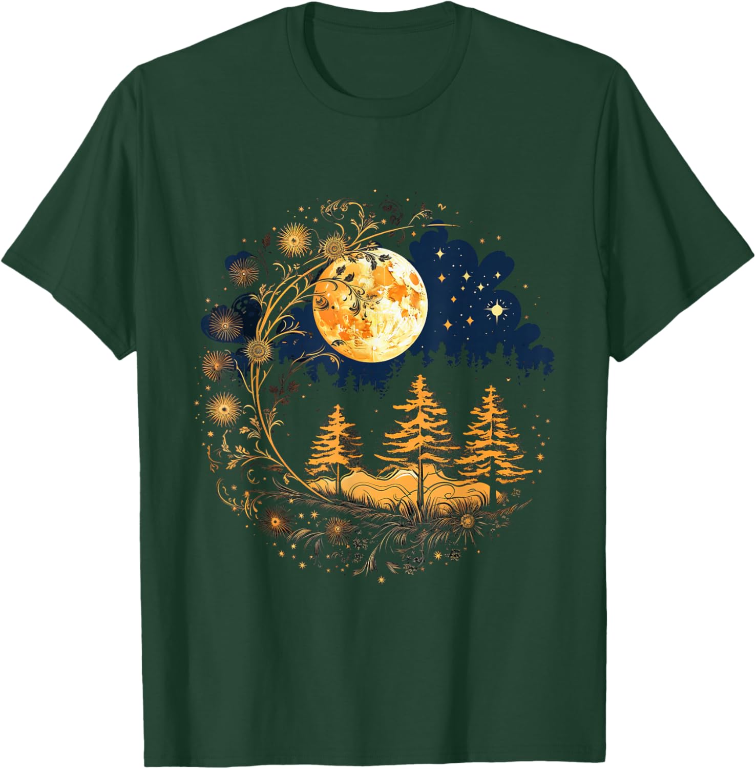 Mystical Sun and Moon with Woman Mystical Flowers Aesthetic T-Shirt - T-Shirt | Forest