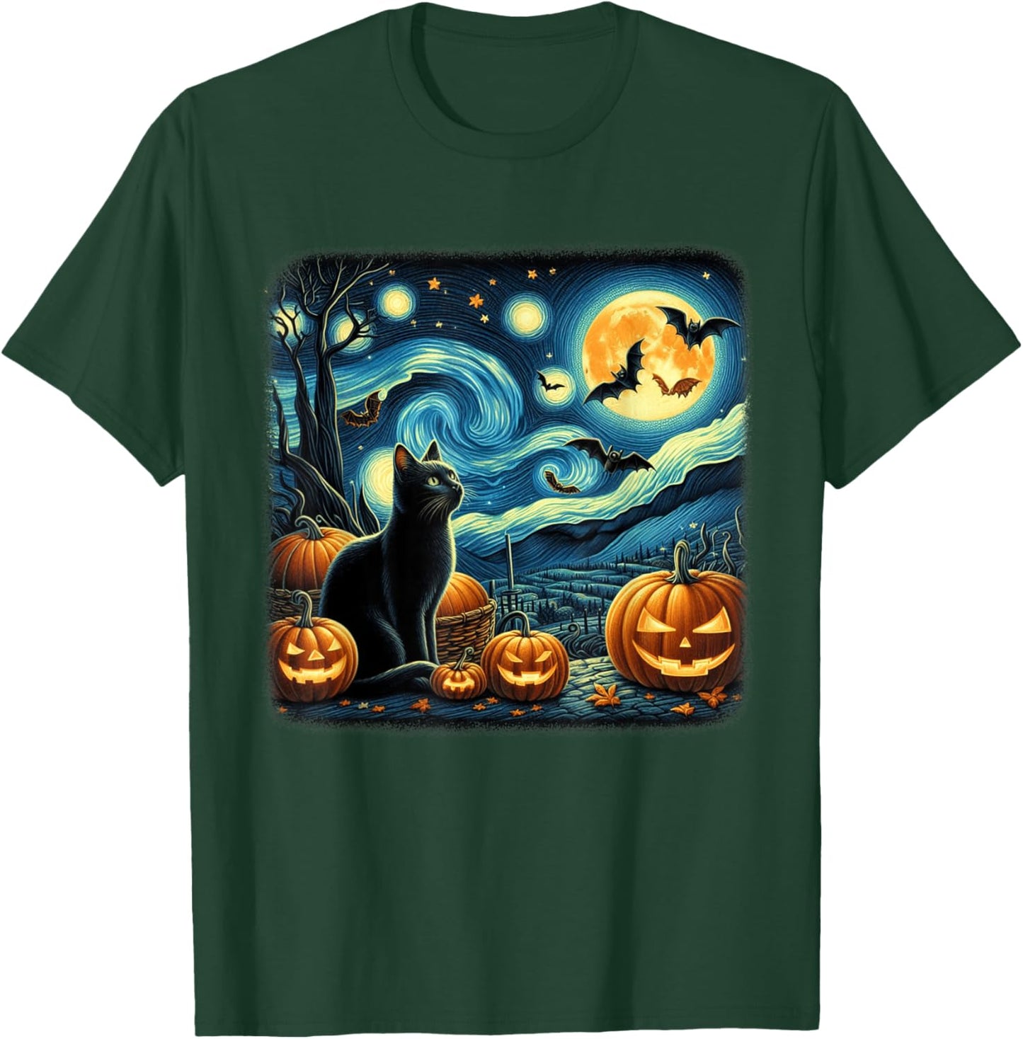 Van Gogh Cat Starry Night Black Cat Halloween Cat Lovers Men Women Kids T-Shirt - T-Shirt | Forest