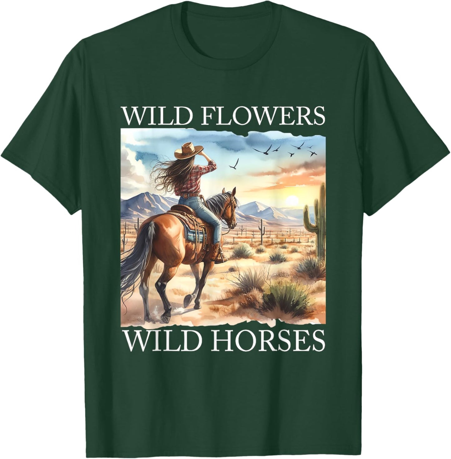 Sunset Cowgirl Riding Horse Wild Flowers - Wild Horses T-Shirt - T-Shirt | Forest