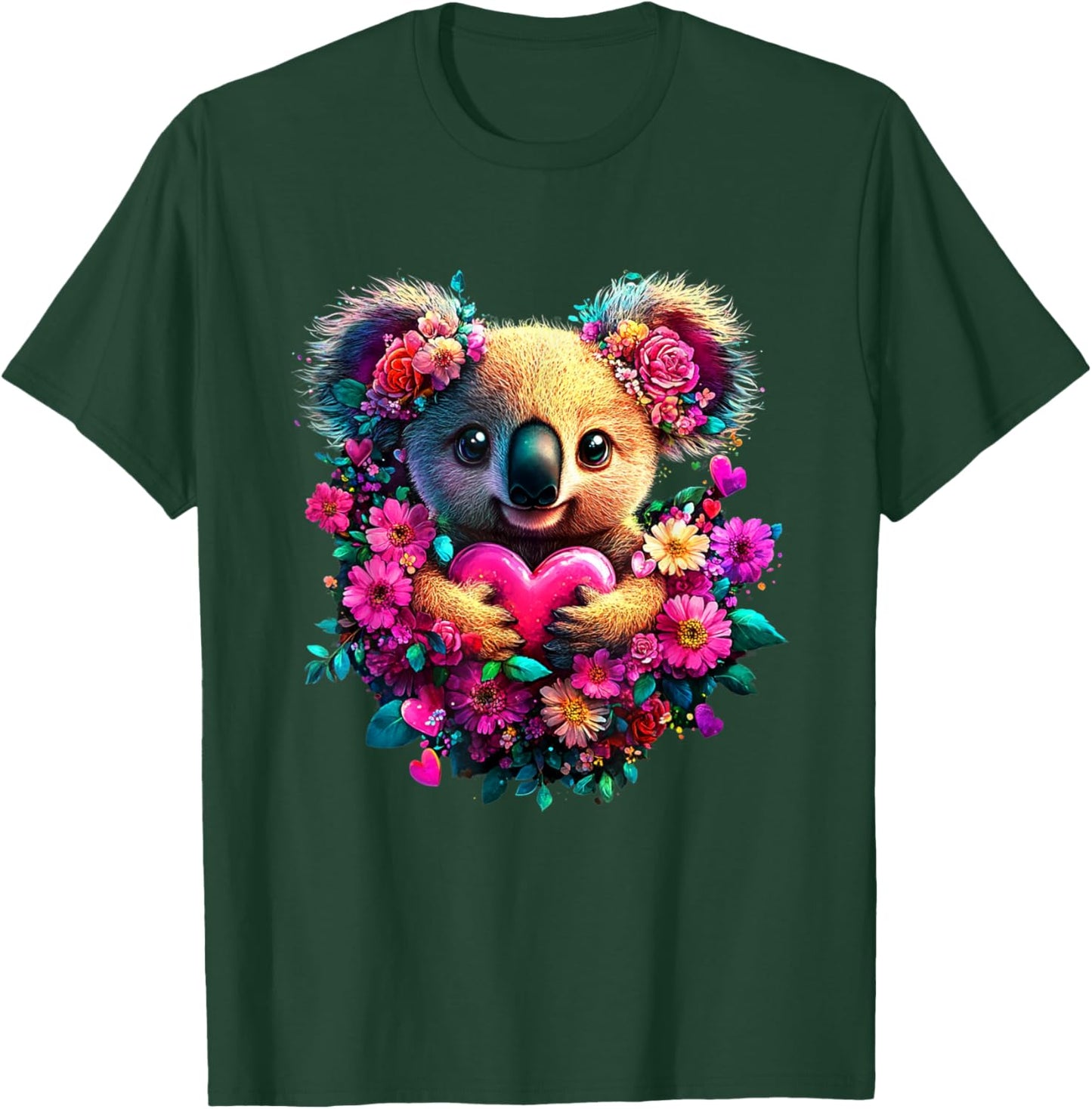 Koala Hearts and Flowers Graphic Valentines Day T-Shirt - T-Shirt | Forest
