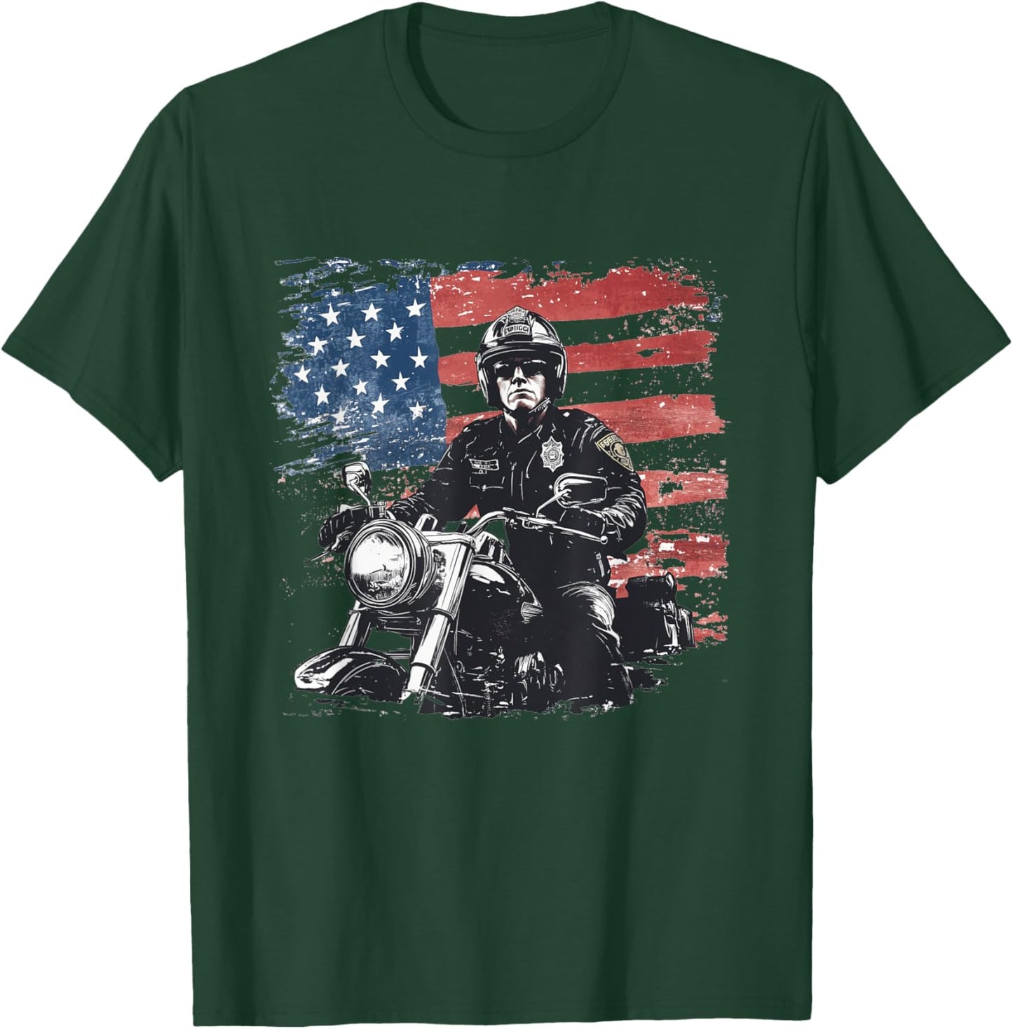 Patriotic Biker Cop. American Officer Motorcycle Police T-Shirt - T-Shirt | Forest