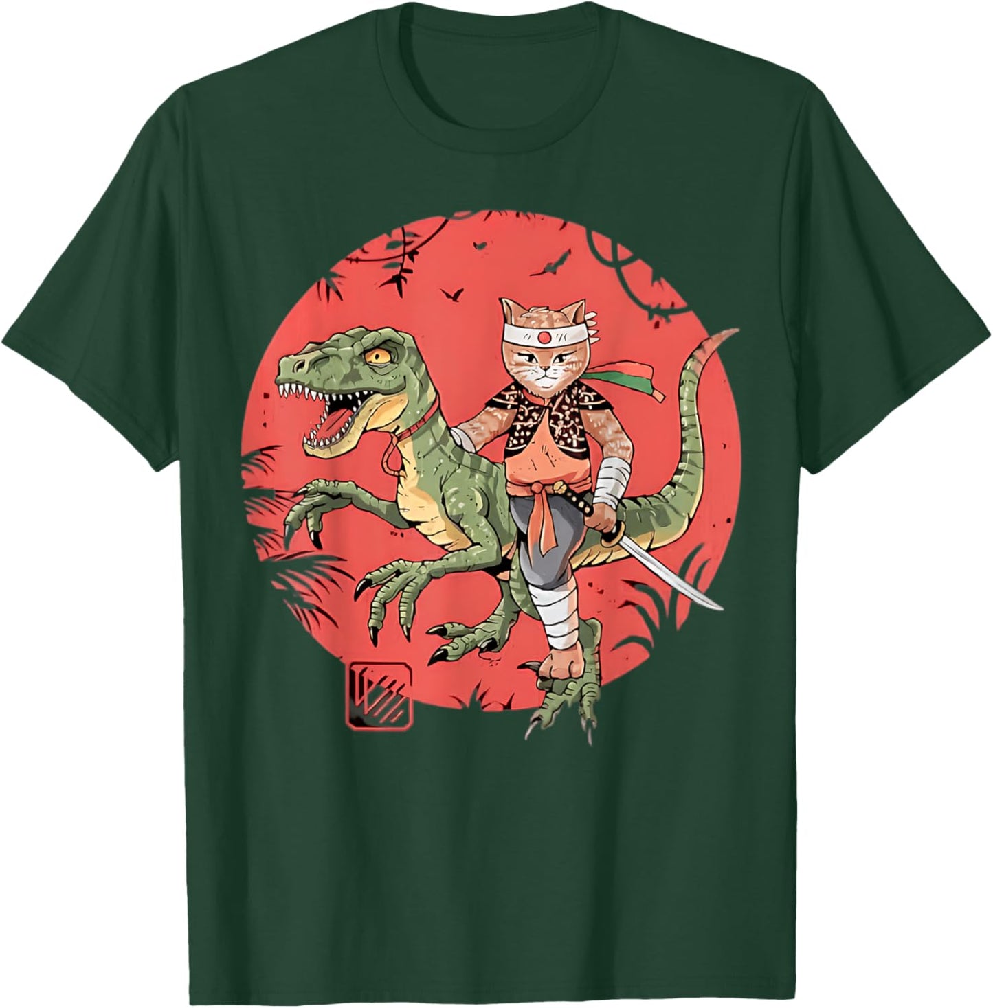 Samurai Cat Dinosaur Japanese Art Ukiyo-e Graphic T-Shirt - T-Shirt | Forest
