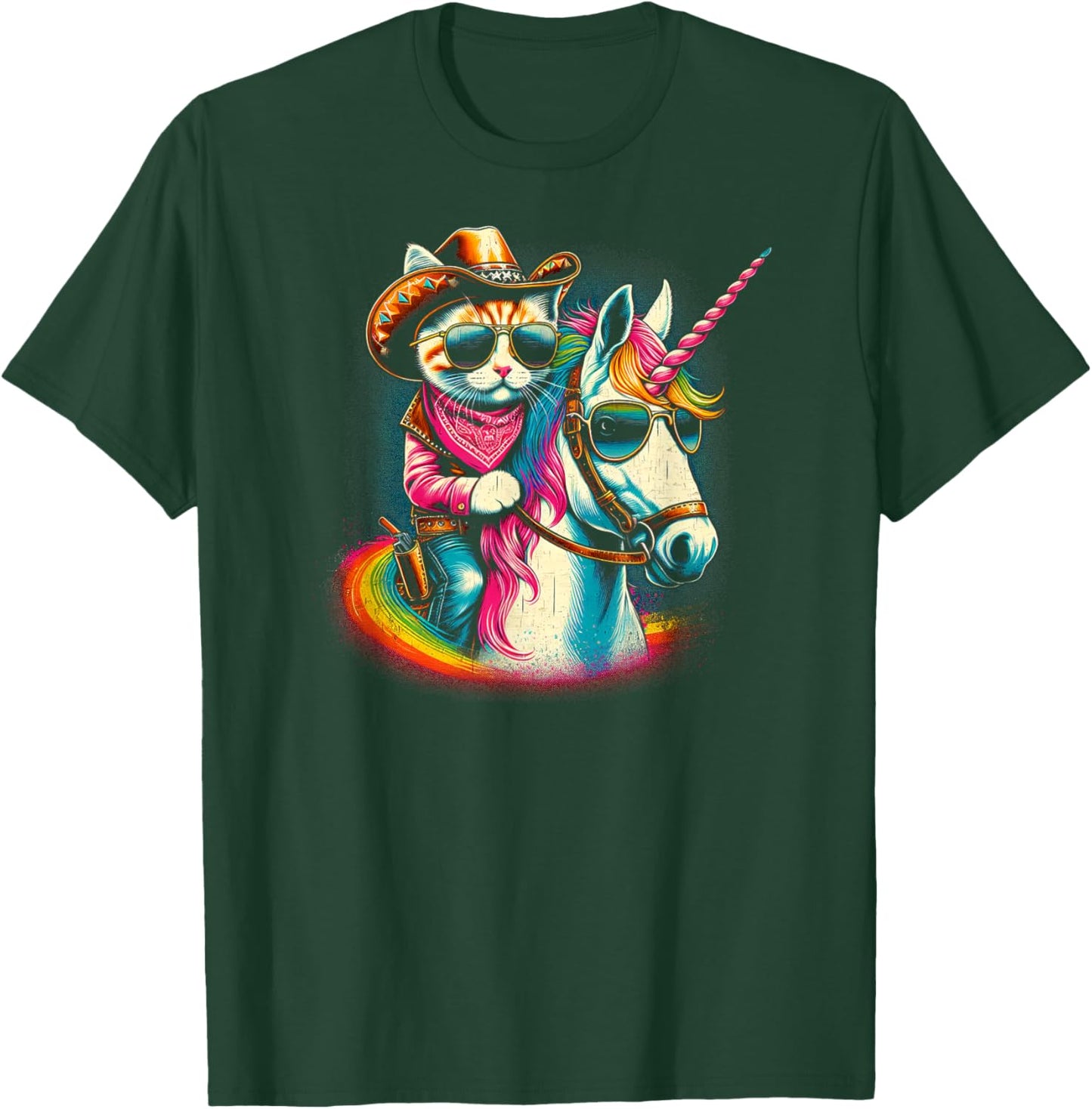 Whimsical Wear Cowboy Cat Riding Unicorn Fun T-Shirt - T-Shirt | Forest