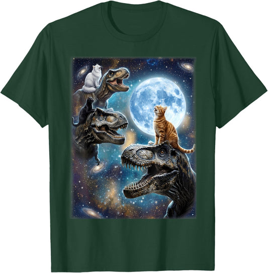 Cat Riding Dinosaur Howling at Moon T-Shirt - T-Shirt | Forest